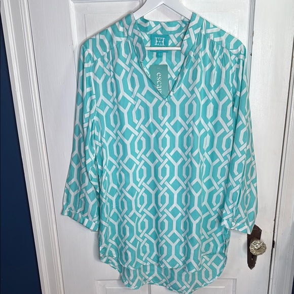 Escapade Women's Aqua Geometric Trellis Top Tunic Swim Cover NEW W1156 Sz L - Picture 1 of 8